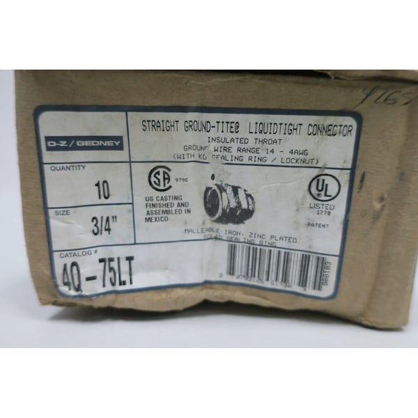 O-Z/Gedney Conduit Fitting Connector, 3/4 in, Liquid-Tight - 4Q-75LT