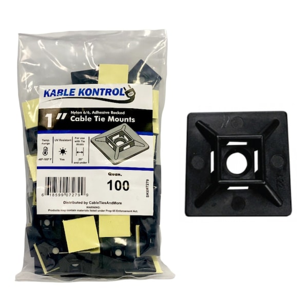 Kable Kontrol Kable Kontrol Adhesive Cable Tie Mounts - 1" Sq - UV Black Nylon - 100 pcs - CT280-B