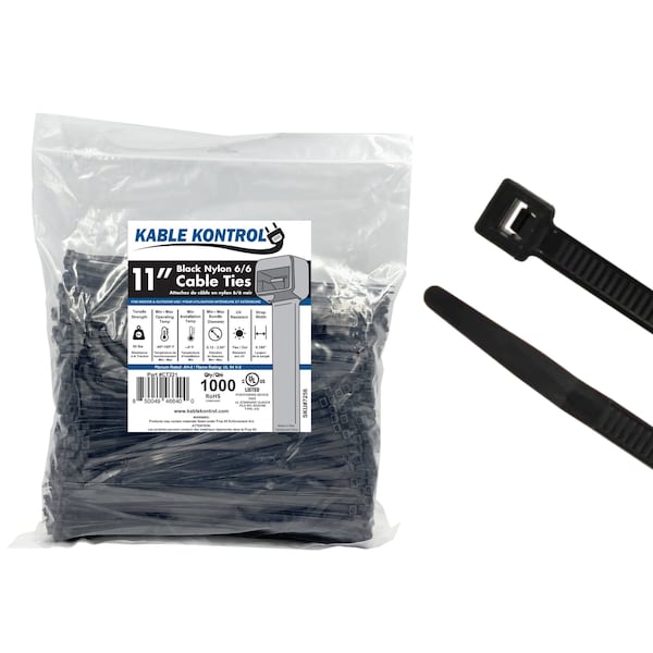 Kable Kontrol Cable Tie, 11 in L, 3-3/16 in Max Bundle Dia., Black, Nylon 6/6, 50 lb Strength, 1000 PK - CT221