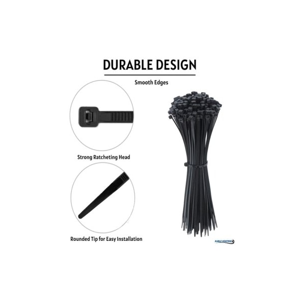 Kable Kontrol Cable Tie, 8 in L, 2.16 in Max Bundle Dia., Black, Nylon 6/6, 120 lb Strength, 100 PK - CT278