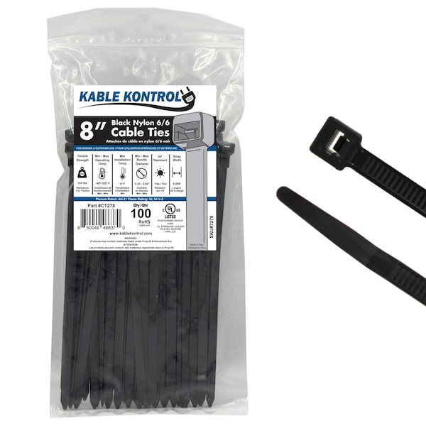 Kable Kontrol Cable Tie, 8 in L, 2.16 in Max Bundle Dia., Black, Nylon 6/6, 120 lb Strength, 100 PK - CT278