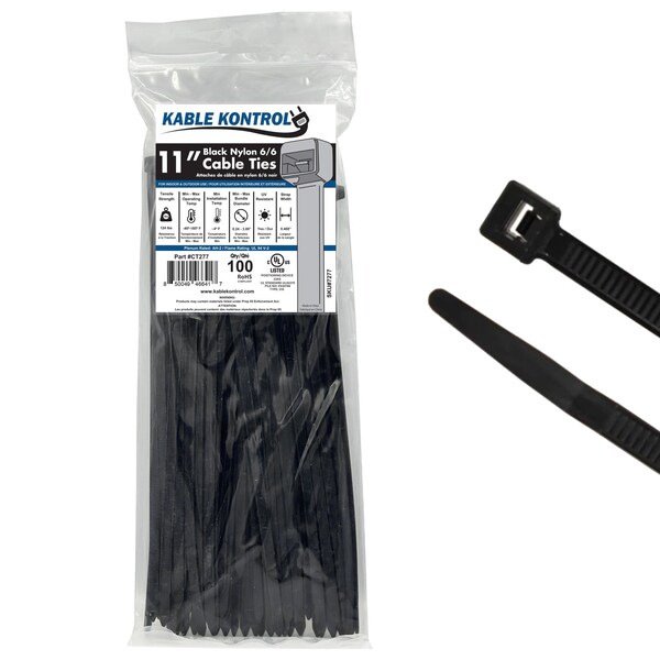 Kable Kontrol Cable Tie, 11 in L, 3-3/16 in Max Bundle Dia., Black, Nylon 6/6, 120 lb Strength, 100 PK - CT277