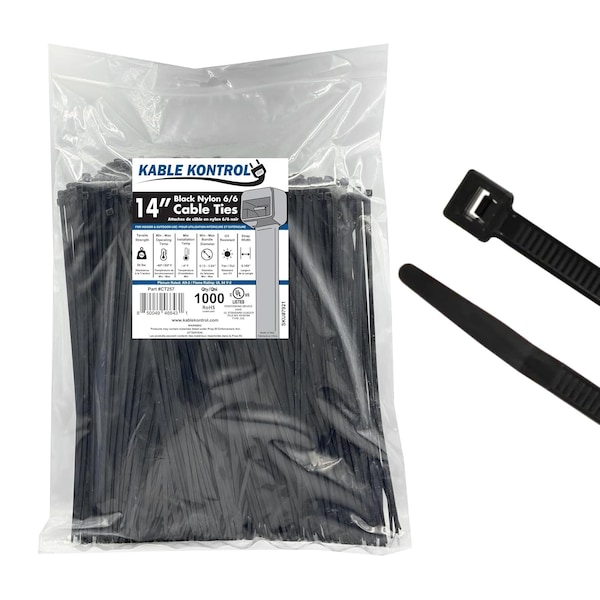 Kable Kontrol Cable Tie, 14 in L, 4.01 in Max Bundle Dia., Black, Nylon 6/6, 50 lb Strength, 1000 PK - CT257