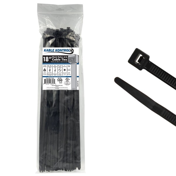 Kable Kontrol Cable Tie, 18 in L, 4.70 in Max Bundle Dia., Black, Nylon 6/6, 120 lb Strength, 100 PK - CT7109