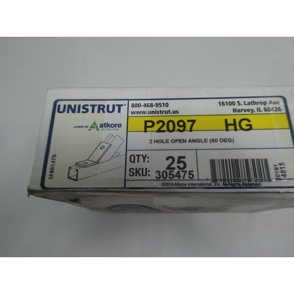 Unistrut 2 HOLE OPEN ANGLE 60DEG FITTING CONDUIT FITTING, 25PK - P2097 HG