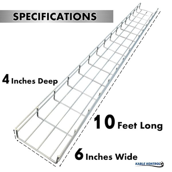 Kable Kontrol Wire Mesh Cable Tray Straight Section, 304 Stainless Steel, 6in W x 4in D x 9.83ft L - KK-6X4X10-304SS