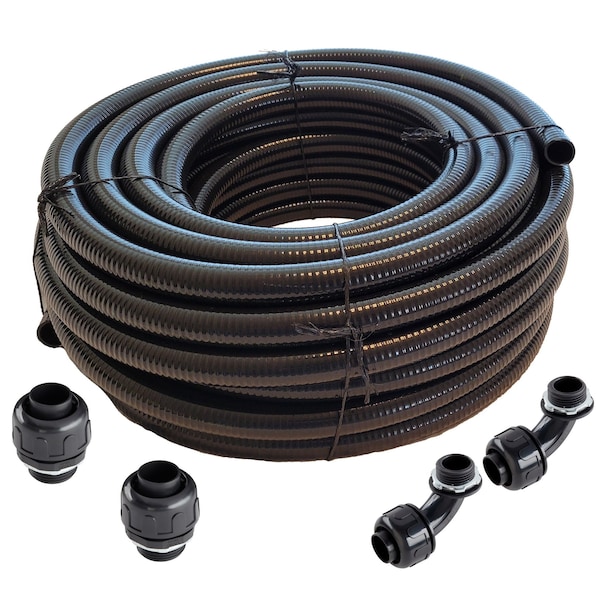 Hydromaxx Liquid-Tight Flex Plastic Conduit, 1-1/4 in Trade Size, 25 ft, PVC, Black - LT114025FB