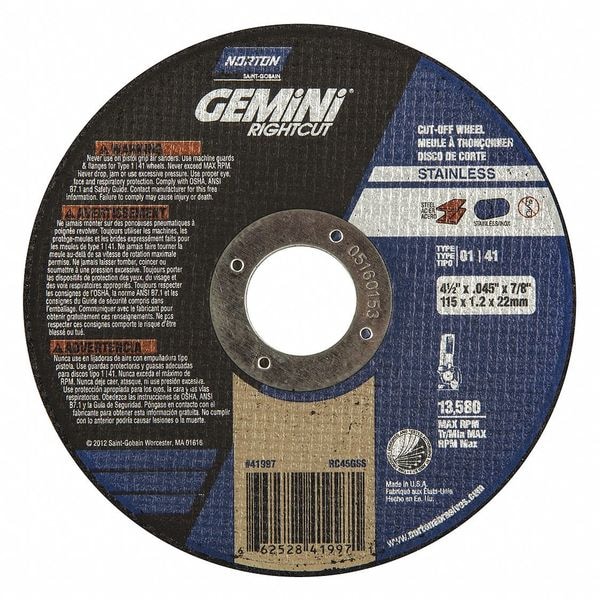 Norton Abrasivos Gemini RightCut INOX/SS A AO Tipo 01/41 Rueda de corte angular de 90 grados - 66252841997