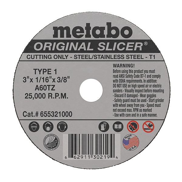 Rueda de corte Metabo, T1, A60TZ, 3"X1/16"X3/8" - 655321000