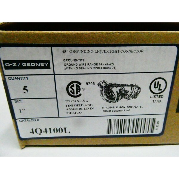 O-Z/Gedney 45DEG GROUNDING LIQUIDTIGHT CONNECTOR 1IN CONDUIT FITTING, 5PK - 4Q4100L
