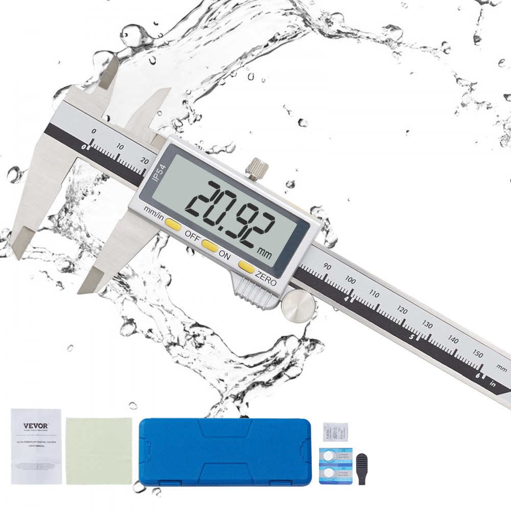 VEVOR Digital Caliper, Calipers Measuring Tool 0-6", Electronic Micrometer Caliper with Large LCD Screen, IP54 Waterproof & 4 Measurement Modes, Inch and Millimeter Conversion, Two Batteries Included - SXKCBXG150MMWGVWOV9