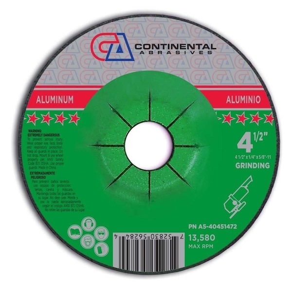Rueda de rectificado con centro deprimido T27 de 4-1/2" x 1/4" x 5/8-11" de soluciones de aluminio de Continental Abrasives - A5-40451472