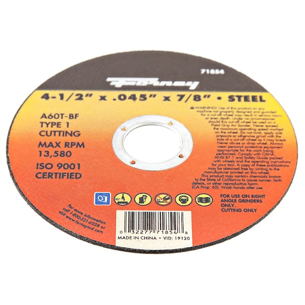 Rueda de Corte Forney, Metal, Tipo 1, 4-1/2 pulgadas x .045 pulgadas x 7/8 pulgadas - 71854