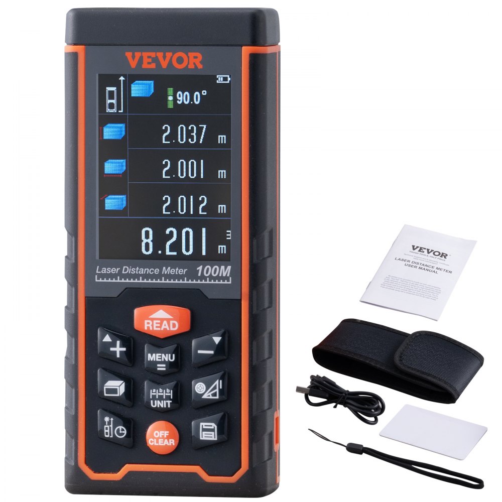 VEVOR Laser Measure, 328 ft, ±1/16'' Accuracy Laser Distance Measure with 100-Group Storage, ft/m/in/ft+in, 2.4'' Colorlit LCD Screen Laser Meter, Pythagorean Mode, Measure Distance, Area and Volume - JGJLC328FT116YO0NV0