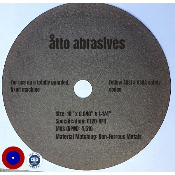 Ruedas de seccionamiento ultra delgadas Atto Abrasives 10"x0.040"x1-1/4" para metales no ferrosos - 3W250-100-SN