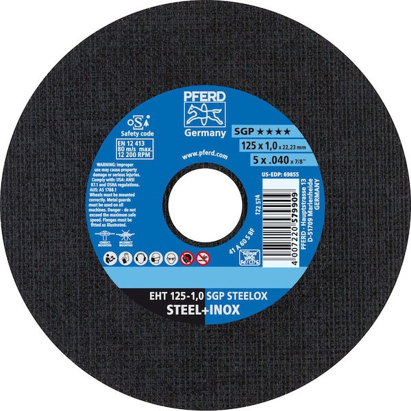 Pferd 69855 5 pulgadas x .040 pulgadas Rueda de corte 7/8 pulgadas AH A S SGP-INOX 60 Grit Tipo 1 - 69855-PFERD