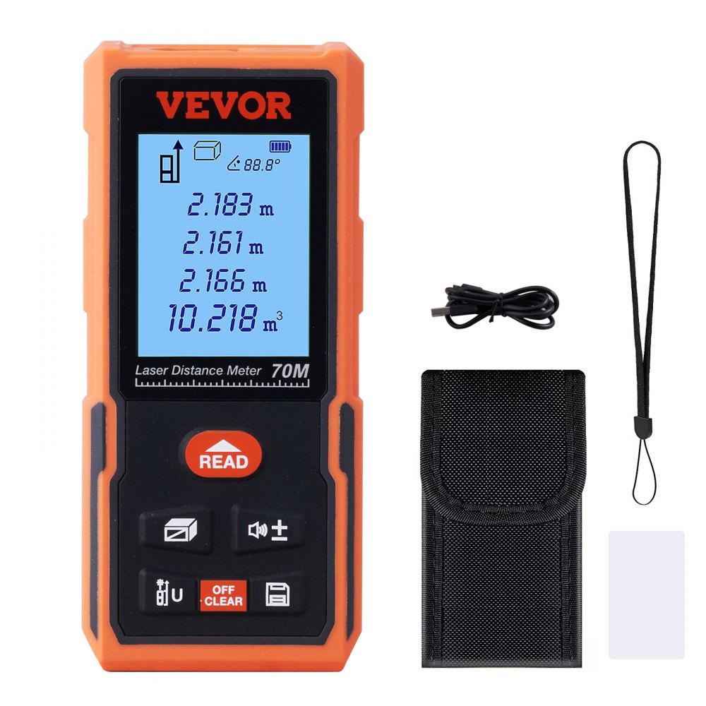 VEVOR Laser Measure, 229 ft, ±1/16'' Accuracy Laser Distance Measure with 99-Group Storage, ft/m/in/ft+in, 2'' Backlit LCD Screen Laser Meter, Pythagorean Mode, Measure Distance, Area and Volume - JG229FT116LCDQM0PV0