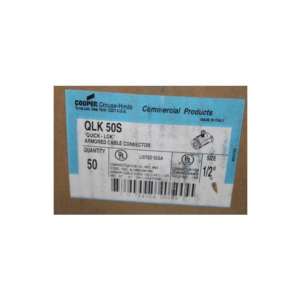 Eaton Cord and Cable Fittings, 50PK, 1/2'', 0.385 to 0.6'' Cable, Zinc Plated Tubular Steel, Insulated Th - QLK50S