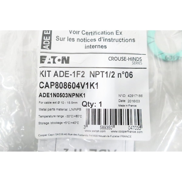 Crouse Hinds CABLE GLAND KIT 1/2IN NPT CONNECTOR - ADE1N0503NPNK1