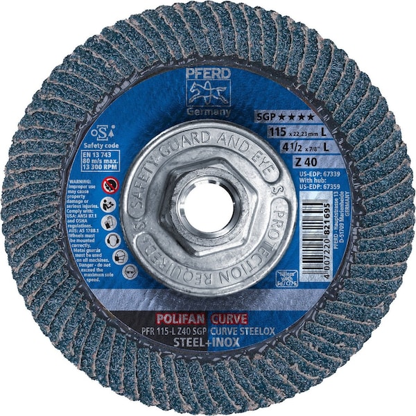 Pferd 67359 4-1/2 pulgadas x 5/8-11 Disco de láminas POLIFAN CURVE SGP Zirconia 40G Gran radio de curvatura - 67359-PFERD