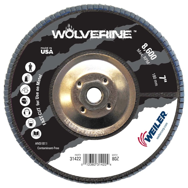 Disco de láminas abrasivas Weiler de 7", plano (TY27), respaldo fenólico, 80Z, 5/8"-11 UNC - 31422.