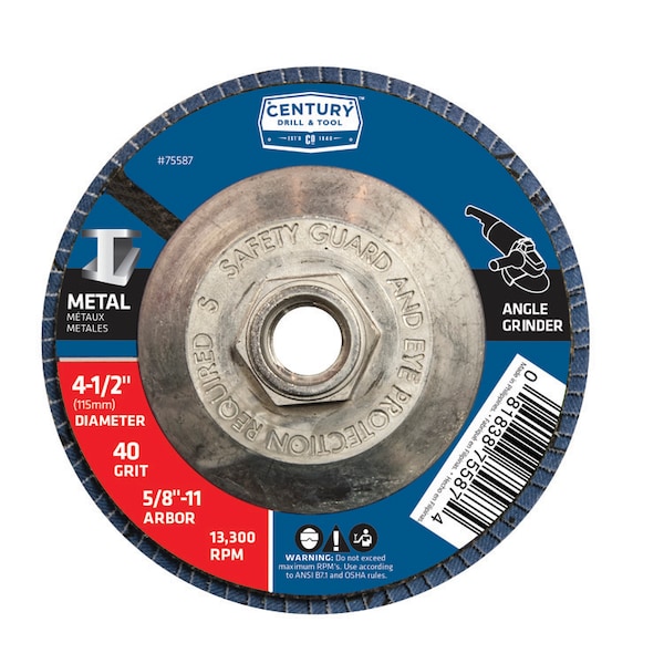 Disco de aletas con grano de circonio de Century Drill & Tool, diámetro de 4-1/2 pulgadas, grano 40, arbor de 5/8"-11 - 75587