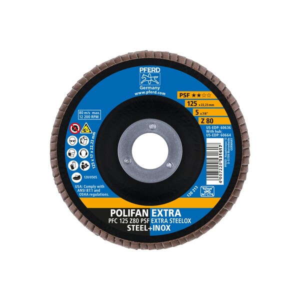 Disco de láminas POLIFAN® 5" x 7/8" A.H. - Z PSF EXTRA STEELOX, Zirconia, 80 Grano, Cónico - 60636