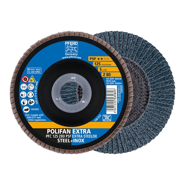 Disco de láminas POLIFAN® 5" x 7/8" A.H. - Z PSF EXTRA STEELOX, Zirconia, 80 Grano, Cónico - 60636
