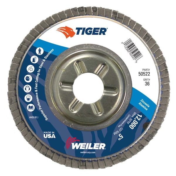 Disco de láminas Weiler Tiger de 5", Disco cónico (TY29), Respaldo de aluminio, 36Z, 7/8" - 50522.