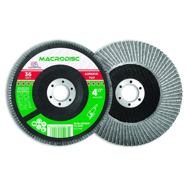 Disco de aletas de alta densidad recubierto de estearato de 36 granos de 4-1/2" x 7/8" para rectificado de aluminio - FAL-4570367H de Continental Abrasives