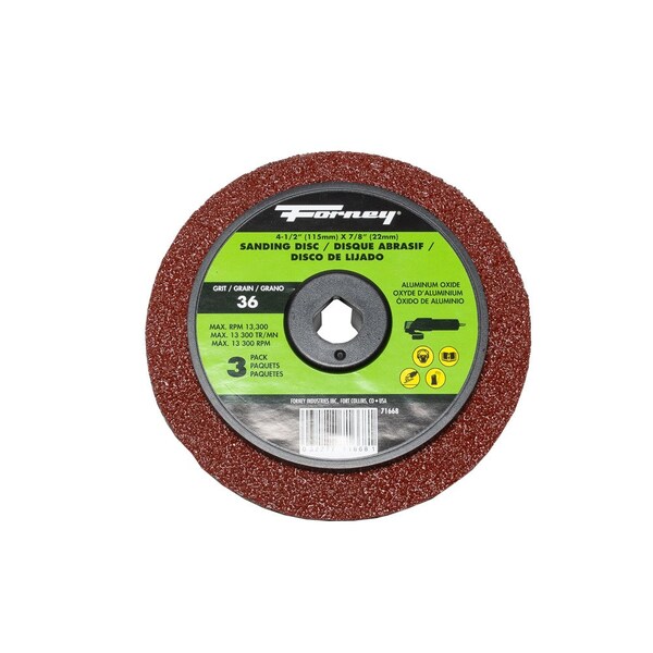 Disco de Lijado de Fibra de Resina Forney, Óxido de Aluminio, 4-1/2 pulgadas x 7/8 pulgadas Arbor, 36 Grit - 71668
