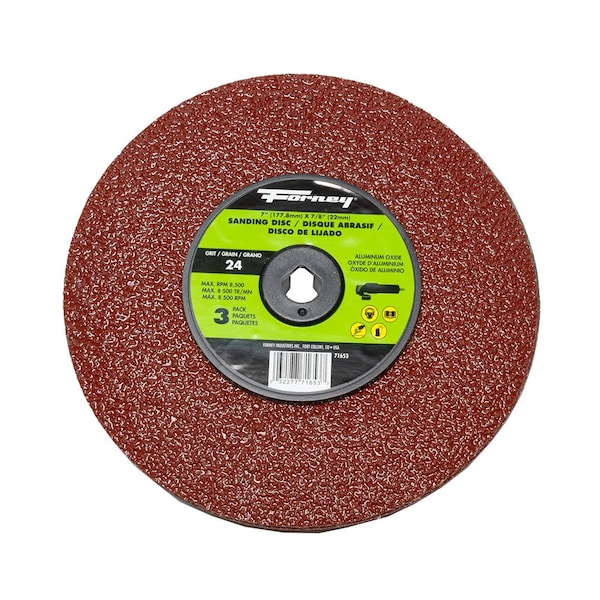 Disco de lijar de fibra de resina Forney, óxido de aluminio, 7 pulgadas x 7/8 pulgadas de arbor, grano 24 - 71653