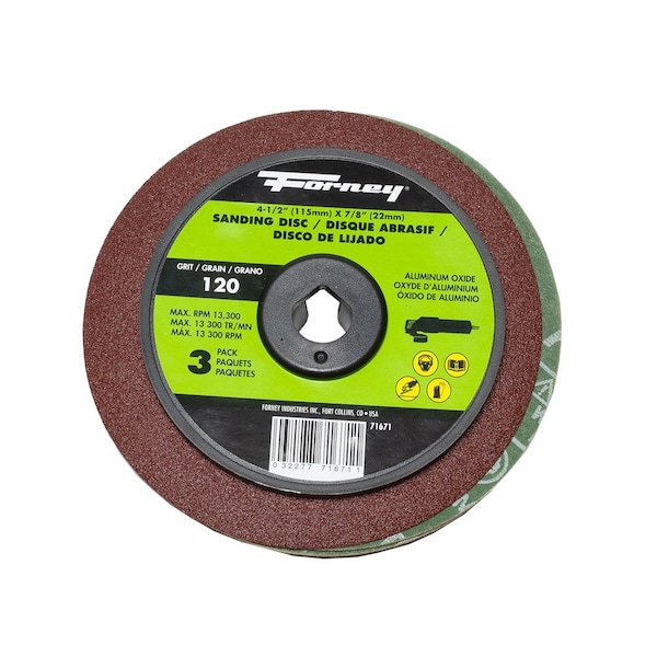 Disco de Lijado de Fibra de Resina Forney, Óxido de Aluminio, 4-1/2 pulg. x 7/8 pulg. Arbor, 120 Granos - 71671