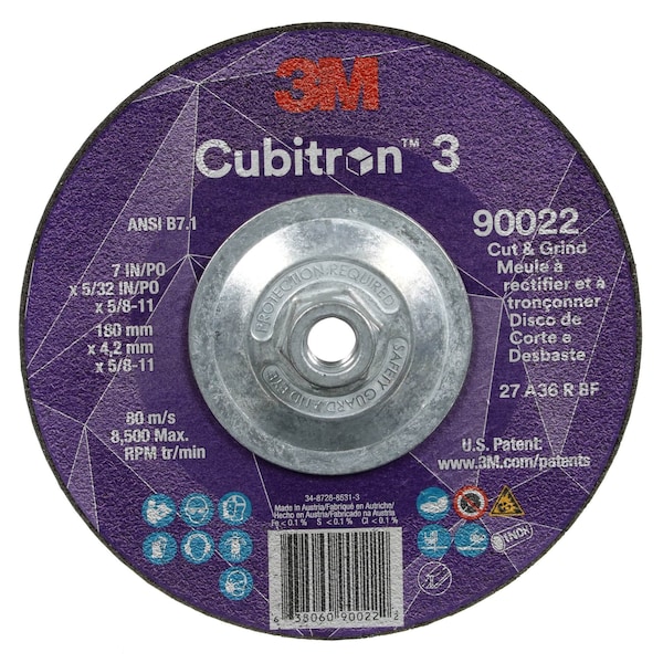 3M Cubitron 3 Disco de Corte y Desbaste, 90022, 36+, T27, 7 pulgadas x 5/32 pulgadas x 5/8 pulgadas-11 (180 x 4.2 mm x 5/8-11 pulgadas), ANSI, 10 piezas/caja - 90022