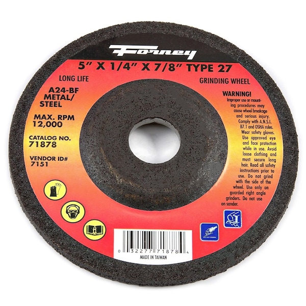 Rueda de molienda Forney, Metal, Tipo 27, 5 pulgadas x 1/4 pulgadas x 7/8 pulgadas - 71878