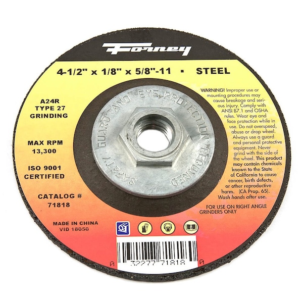 Rueda de esmeril Forney, Metal, Tipo 27, 4-1/2 pulgadas x 1/8 pulgadas x 5/8 pulgadas-11 - 71818