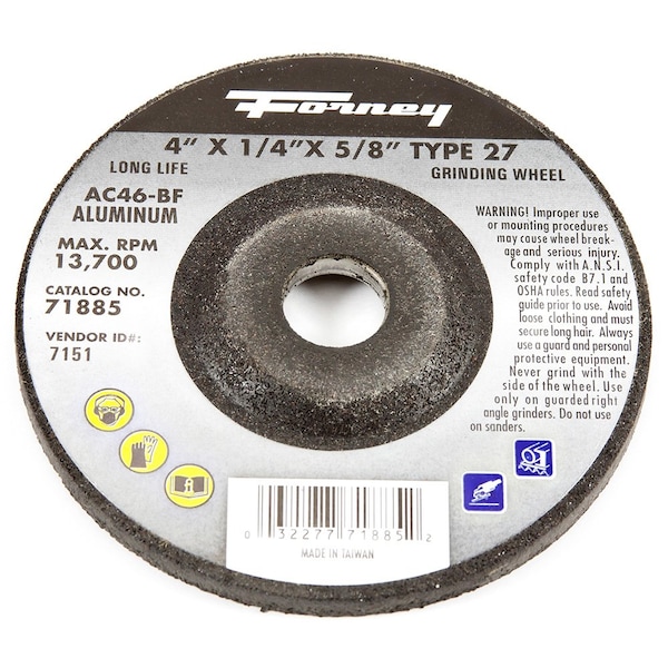 Rueda de rectificado Forney, Aluminio, Tipo 27, 4 pulgadas x 1/4 pulgadas x 5/8 pulgadas - 71885
