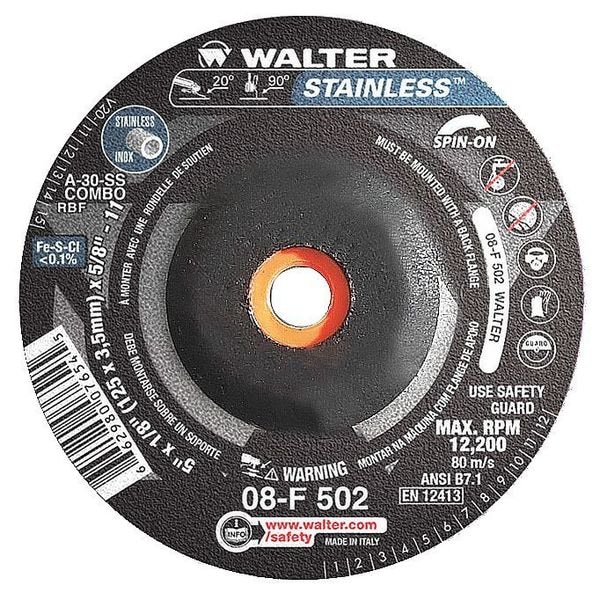 Rueda de esmerilado de centro deprimido Walter Surface Technologies, Tipo 27, 0.125 pulgadas de grosor, Óxido de aluminio - 08F502