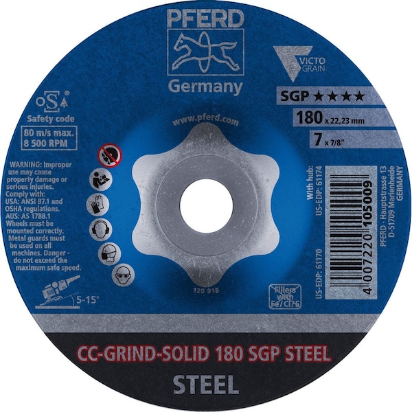 Pferd 61170 7in CC-Grind Solid - 7/8in A.H. - SGP Steel Victograin - 61170-PFERD