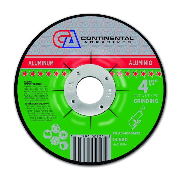 Rueda de rectificado tipo 27 para centro deprimido de soluciones de aluminio de Continental Abrasives de 4-1/2" x 1/4" x 7/8" - A5-40451452