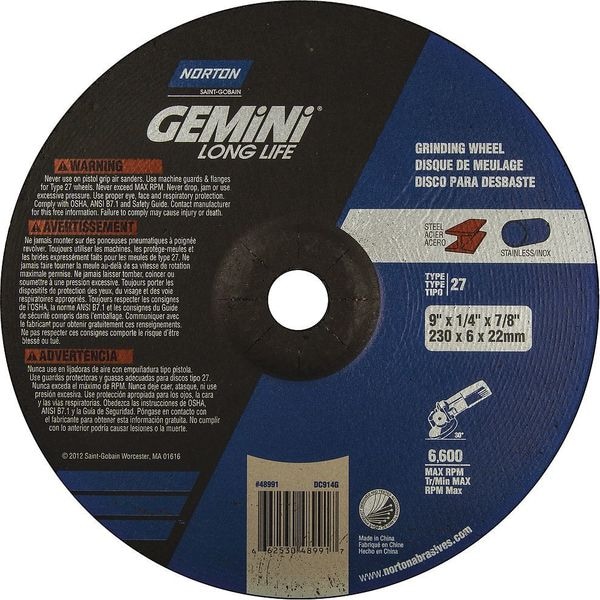 Ruedas Norton Abrasives de Centro Deprimido, Tipo 27, 9 pulgadas de diámetro, 0.25 pulgadas de grosor, tamaño de agujero de eje de 7/8 pulgadas, Óxido de Aluminio - 66253048991.