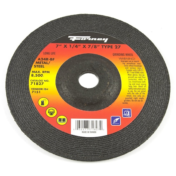 Rueda de Esmeril Forney, Metal, Tipo 27, 7 pulgadas x 1/4 pulgadas x 7/8 pulgadas - 71827