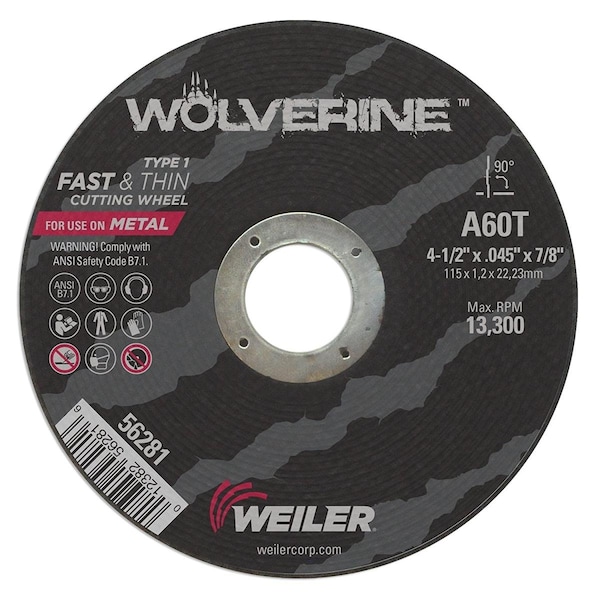 Weiler 4.5 x .045 x 875 pulgadas Rueda de corte delgada tipo 1 Wolverine, A60T - WE389536