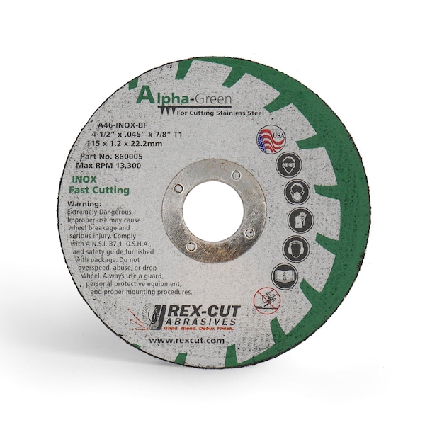 Rueda de corte alfa verde Rex Cut de 4 1/2 X .040 X 7/8 T1 Alpha Green - 860004