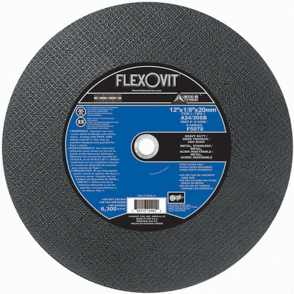 Rueda de corte pesado de alto rendimiento Flexovit, 12 pulgadas de diámetro x 1/8 pulgadas de grosor, agujero central de 20 mm, grano de 24/30, Al - F5078.