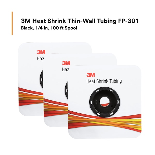 3M Heat Shrink Tube, Thin Wall, 2:1 I.D. Shrink Ratio, 0.25 in I.D. Before Shrinking, Black, 100 ft - FP-301-1/4-BLACK-100'