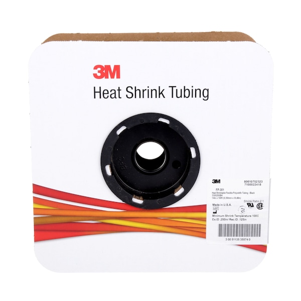 3M Heat Shrink Tube, Thin Wall, 2:1 I.D. Shrink Ratio, 0.25 in I.D. Before Shrinking, Black, 100 ft - FP-301-1/4-BLACK-100'