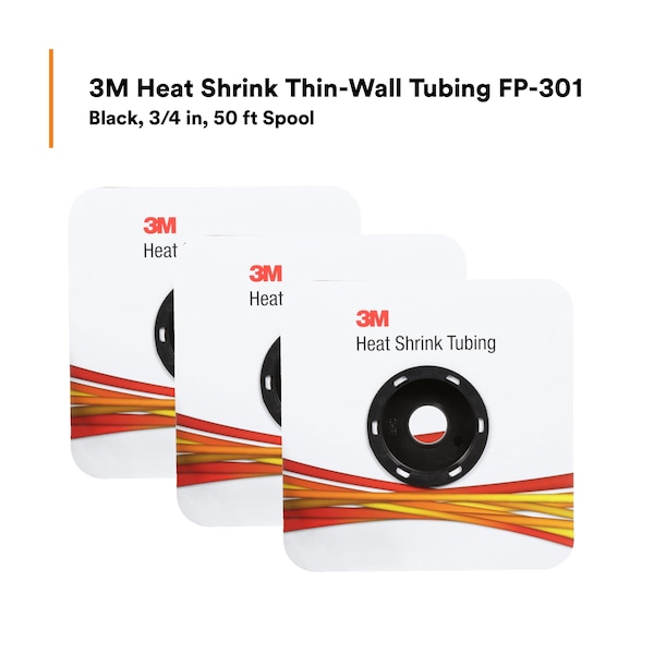 3M Heat Shrink Tube, Thin Wall, 2:1 I.D. Shrink Ratio, 0.75 in I.D. Before Shrinking, Black, 50 ft - FP301-3/4-50'-BLACK-SPOOL