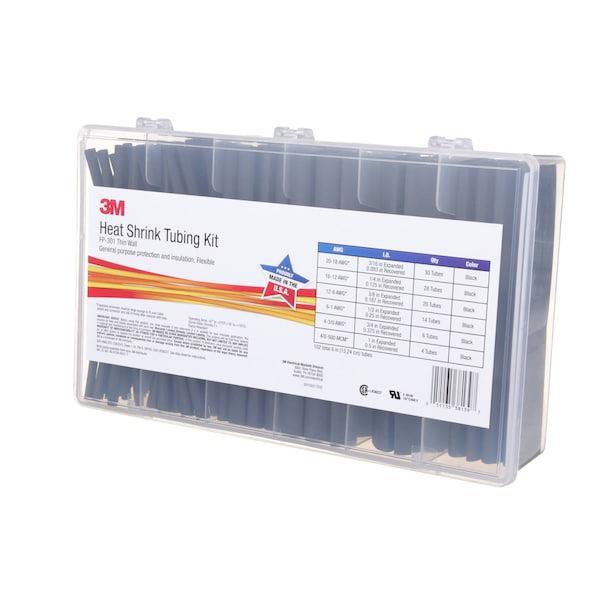 3M Heat Shrink Tube Kit, Thin Wall, 2:1 I.D. Shrink Ratio, Black, 6 in - FP301-3/16 TO 1-BLACK-5-102 PC KITS