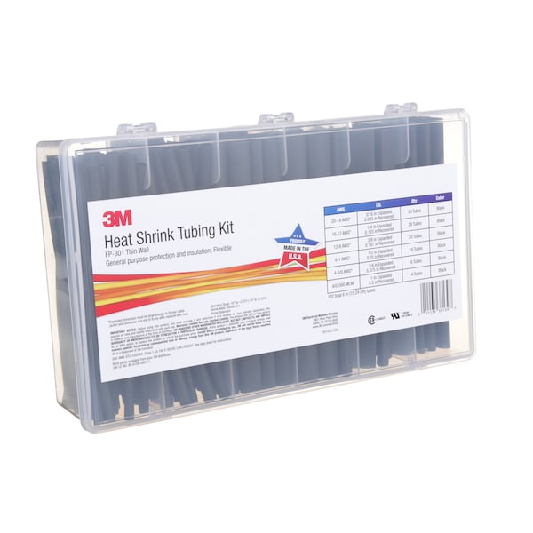 3M Heat Shrink Tube Kit, Thin Wall, 2:1 I.D. Shrink Ratio, Black, 6 in - FP301-3/16 TO 1-BLACK-5-102 PC KITS